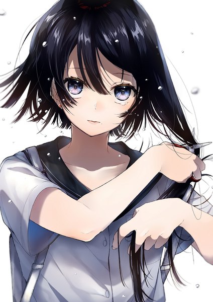 Anime picture 1042x1474 with original sogawa single tall image fringe short hair blue eyes black hair hair between eyes white background holding head tilt mole arms up short sleeves tears adjusting hair open collar crying hairdressing
