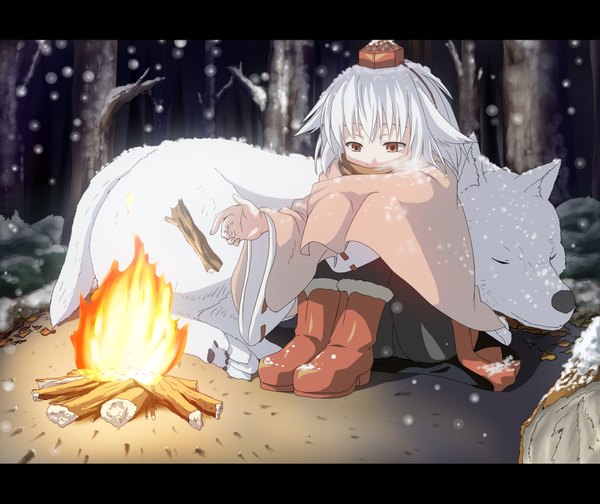 Anime picture 1754x1475 with touhou inubashiri momiji sachishiro pengin long hair highres red eyes white hair snowing letterboxed winter exhalation girl animal boots fire wolf bonfire