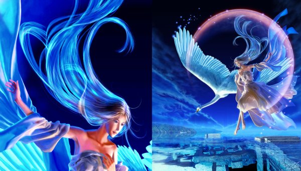 Anime picture 1400x796 with original takashi mare long hair wide image bare shoulders brown eyes blue hair barefoot no shoes sleeveless multiview flying girl dress animal wings bird (birds) swan