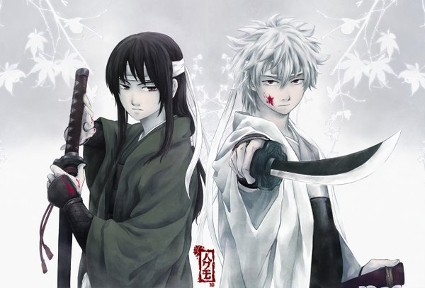 Anime picture 1272x864 with gintama sunrise (studio) sakata gintoki katsura kotarou shiroyasha hakumo long hair short hair black hair white hair traditional clothes back to back boy weapon sword katana blood hachimaki