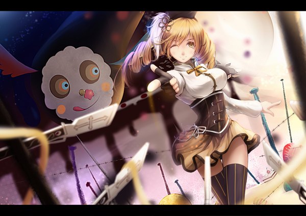 Anime picture 2000x1414 with mahou shoujo madoka magica shaft (studio) tomoe mami charlotte (madoka magica) lancefate single long hair highres blonde hair yellow eyes one eye closed wink drill hair letterboxed girl thighhighs dress weapon gun beret