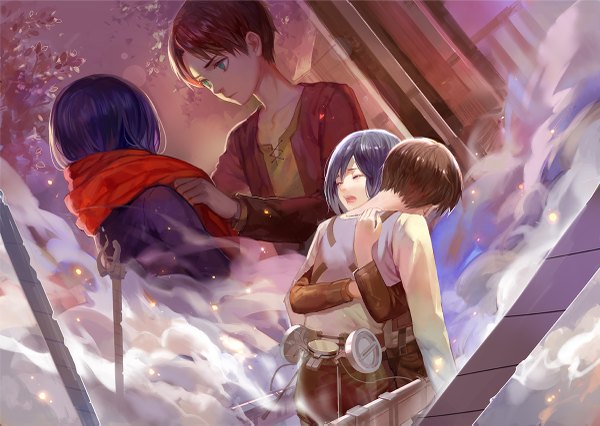 Anime picture 1200x853 with shingeki no kyojin production i.g mikasa ackerman eren yaeger ask (askzy) short hair open mouth brown hair green eyes purple hair eyes closed hug tears crying steam dual persona girl boy weapon sword
