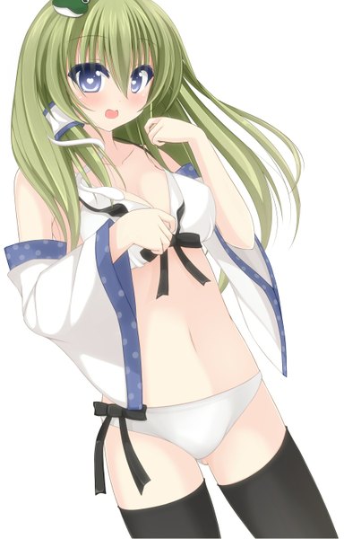 Anime picture 935x1460 with touhou kochiya sanae chimunge single long hair tall image looking at viewer blush open mouth blue eyes light erotic simple background white background green hair girl navel hair ornament underwear panties detached sleeves