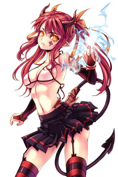 Anime picture 640x960 with soccer spirits reason (ficafe) single long hair tall image looking at viewer fringe breasts light erotic simple background large breasts standing white background red hair tail horn (horns) pointy ears bare belly orange eyes magic