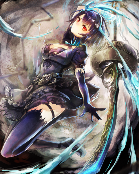 Anime picture 1000x1250 with sinoalice alice (sinoalice) kaigo single tall image looking at viewer fringe short hair breasts red eyes holding cleavage purple hair full body bent knee (knees) puffy sleeves eyebrows fighting stance girl thighhighs