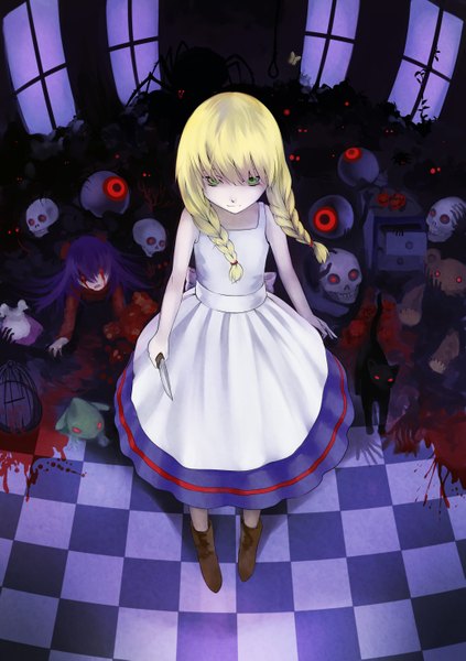 Anime picture 2081x2953 with the witch's house viola (the witch's house) ellen (the witch's house) gehimkaefer long hair tall image highres blonde hair red eyes multiple girls green eyes purple hair braid (braids) checkered floor girl dress 2 girls animal blood cat