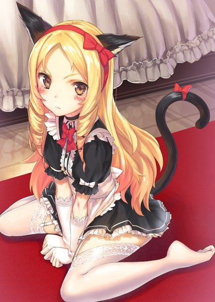 Anime picture 640x900 with eromanga sensei a-1 pictures yamada elf kamome yuu single long hair tall image looking at viewer blush blonde hair sitting brown eyes animal ears tail animal tail cat ears cat girl cat tail loli no shoes