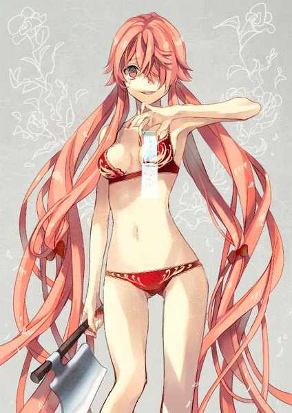 Anime picture 566x800 with mirai nikki gasai yuno tibino single tall image looking at viewer fringe light erotic smile twintails holding pink hair bent knee (knees) very long hair nail polish fingernails hair over one eye alternate costume low twintails ass visible through thighs