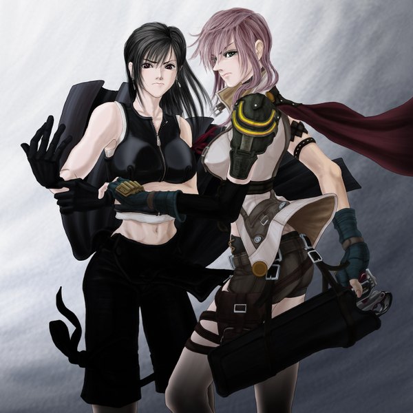 Anime picture 1378x1378 with final fantasy final fantasy vii square enix tifa lockhart lightning farron bitter sweet (artist) long hair black hair red eyes multiple girls green eyes pink hair midriff girl gloves navel weapon 2 girls shorts fingerless gloves