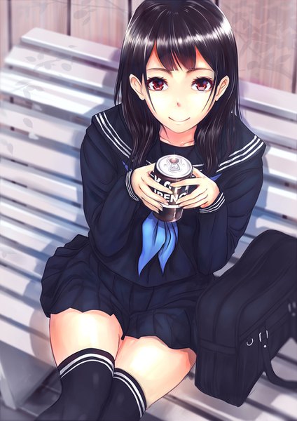 Anime picture 900x1273 with konekoneko (indonesia) single long hair tall image looking at viewer black hair smile red eyes sitting holding from above girl thighhighs skirt uniform black thighhighs miniskirt serafuku bag school bag