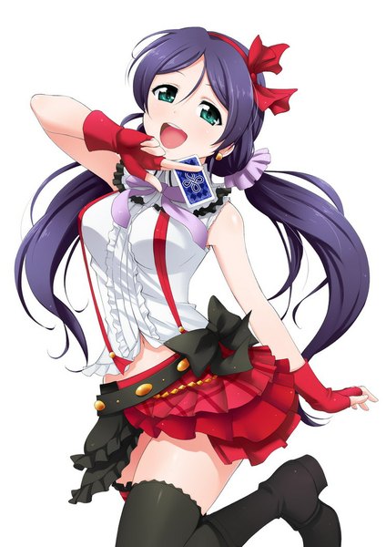 Anime picture 744x1052 with love live! school idol project sunrise (studio) love live! toujou nozomi ardnades long hair tall image looking at viewer blush open mouth simple background smile white background twintails green eyes purple hair :d low twintails girl thighhighs
