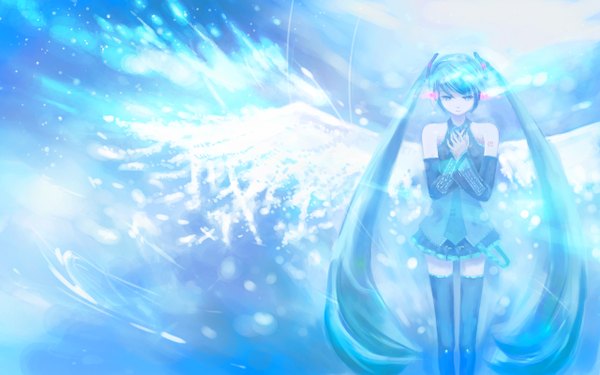 Anime picture 1280x800 with vocaloid hatsune miku isou nagi single fringe wide image twintails very long hair aqua eyes aqua hair tattoo pale skin girl thighhighs skirt black thighhighs detached sleeves shirt wings