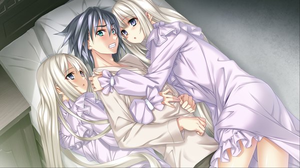 Anime picture 2048x1152 with sousouki reginald long hair blush highres short hair blue eyes black hair wide image multiple girls game cg white hair lying girl boy 2 girls pajamas