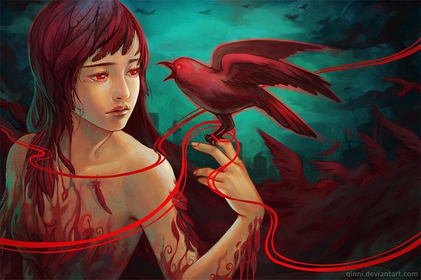 Anime picture 1100x733 with qinni (artist) single long hair red eyes bare shoulders signed red hair lips girl animal bird (birds) feather (feathers) thread crow red thread