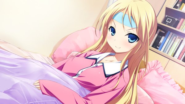 Anime picture 1280x720 with material brave giga ougi kanae kikuchi seiji long hair blue eyes blonde hair smile wide image game cg girl pajamas