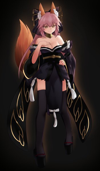 Anime picture 844x1440 with fate (series) fate/extra tamamo (fate) (all) tamamo no mae (fate) cowfee single long hair tall image blush fringe simple background smile hair between eyes animal ears yellow eyes payot looking away pink hair cleavage full body