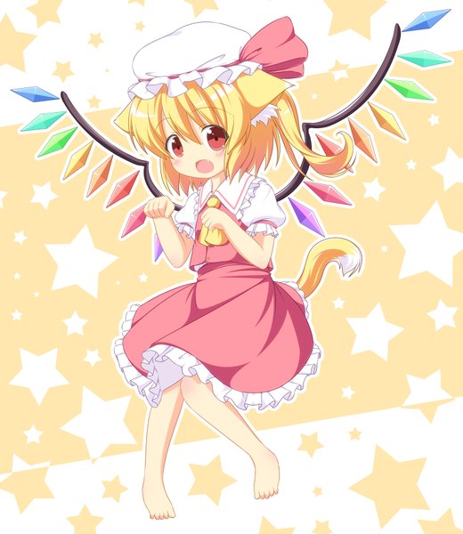 Anime picture 1500x1732 with touhou flandre scarlet pila-pela single tall image blush short hair open mouth simple background blonde hair red eyes loli yellow background girl dress skirt wings star (symbol) bonnet skirt set