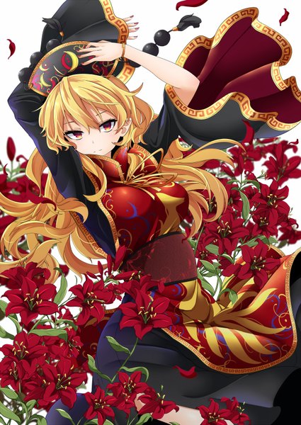 Anime picture 1200x1694 with touhou junko (touhou) rihito (usazukin) single long hair tall image looking at viewer blush fringe blonde hair hair between eyes red eyes nail polish traditional clothes fingernails wind arms up chinese clothes red nail polish girl