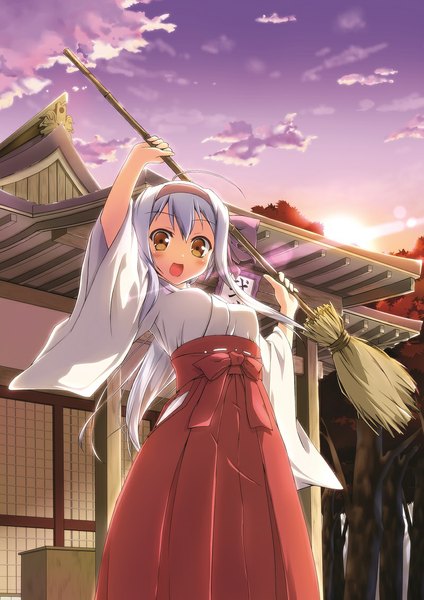Anime picture 800x1131 with original hajime kazuhito single long hair tall image looking at viewer blush open mouth yellow eyes sky cloud (clouds) white hair traditional clothes miko girl plant (plants) tree (trees) hairband broom