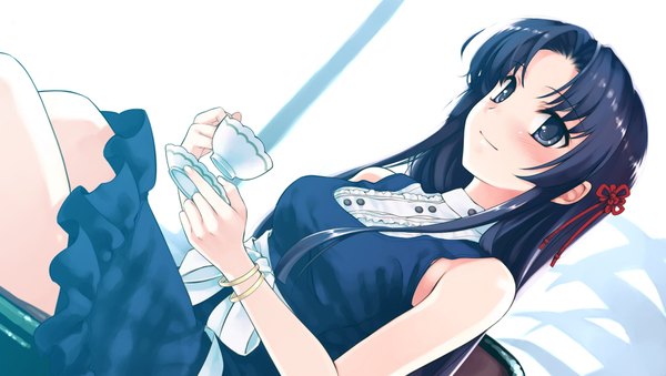 Anime picture 2048x1160 with suiheisen made nan mile? koga sayoko misaki kurehito single highres wide image bare shoulders girl dress teacup