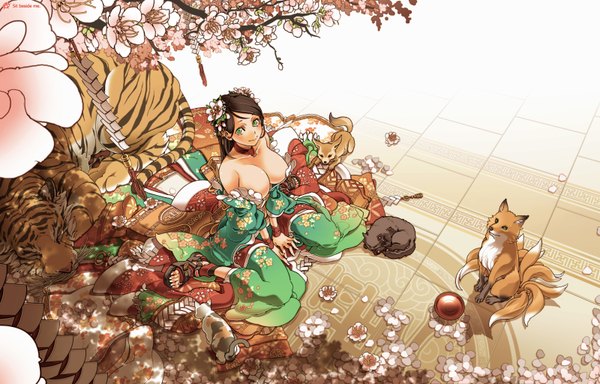 Anime picture 1600x1024 with original circle a light erotic smile green eyes cleavage hair flower cherry blossoms multiple tails hair ornament flower (flowers) animal petals cat branch open kimono fox tiger