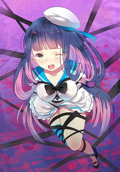 Anime picture 777x1112 with panty & stocking with garterbelt anarchy stocking domotolain single long hair tall image looking at viewer open mouth light erotic simple background purple hair one eye closed multicolored hair wink two-tone hair colored inner hair bondage purple background bdsm girl
