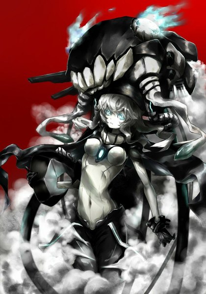 Anime picture 897x1280 with kantai collection wo-class aircraft carrier okakingyo single long hair tall image blue eyes grey hair covered navel glowing glowing eye (eyes) red background shinkaisei-kan girl gloves bodysuit