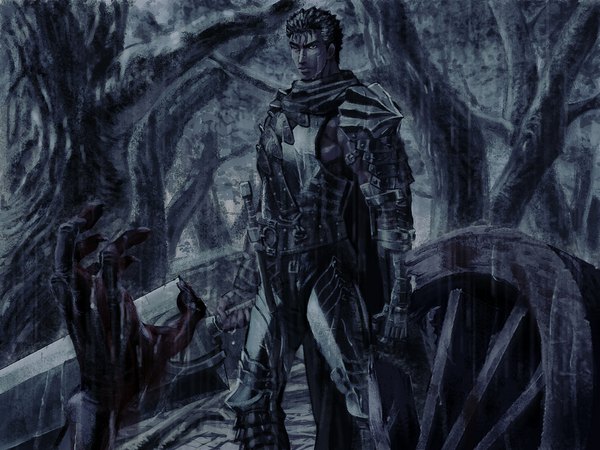 Anime picture 1024x768 with berserk guts single short hair monochrome boy weapon plant (plants) tree (trees) armor forest huge weapon huge sword