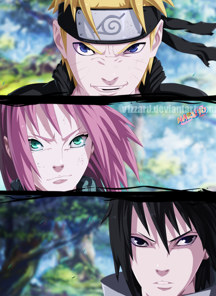 Anime picture 1281x1750 with naruto studio pierrot naruto (series) uzumaki naruto uchiha sasuke haruno sakura blazing-wizard tall image short hair open mouth blue eyes black hair blonde hair smile green eyes pink hair black eyes inscription multiple boys coloring