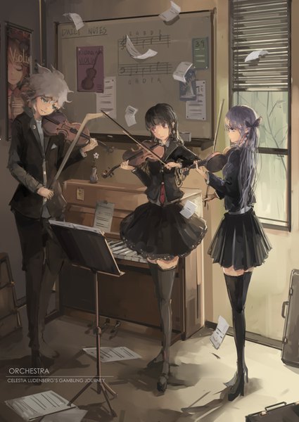 Anime picture 900x1271 with dangan ronpa kirigiri kyouko komaeda nagito qianqian long hair tall image short hair blue eyes black hair multiple girls purple hair full body grey hair girl thighhighs dress boy black thighhighs 2 girls musical instrument