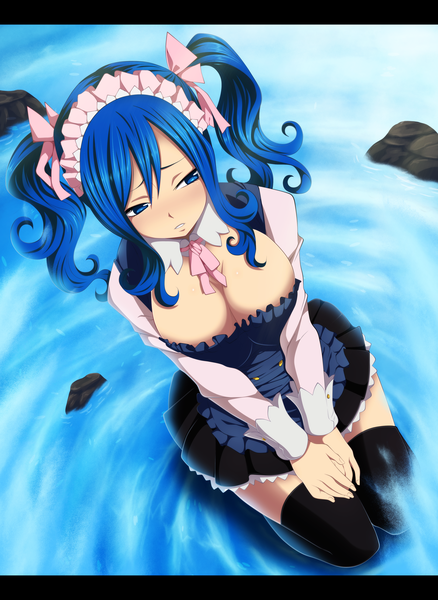 Anime picture 2784x3812 with fairy tail juvia lockser belucen single long hair tall image highres breasts blue eyes light erotic large breasts twintails blue hair from above maid kneeling coloring girl thighhighs ribbon (ribbons)