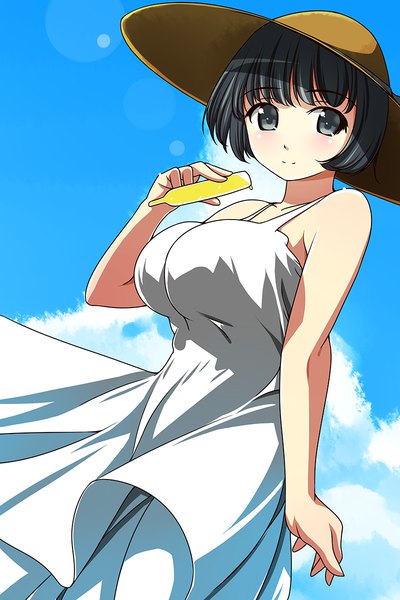 Anime picture 800x1200 with original matsunaga kouyou single tall image looking at viewer short hair blue eyes black hair bare shoulders sky cloud (clouds) girl hat sundress