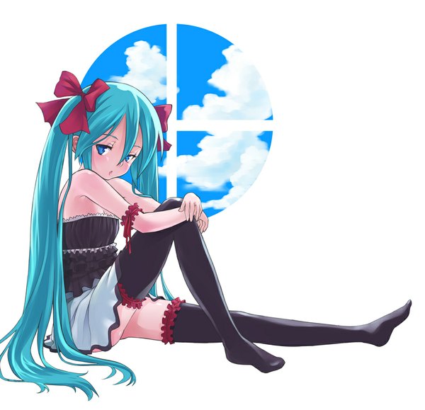 Anime picture 1035x1000 with vocaloid hatsune miku mofu blue eyes light erotic white background twintails cloud (clouds) aqua hair loli girl thighhighs window