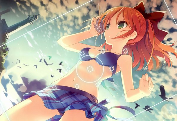 Anime picture 1920x1311 with your diary minagawa yuuhi h2so4 single long hair highres green eyes sky cloud (clouds) ponytail orange hair from below girl navel bow ribbon (ribbons) swimsuit hair bow animal bikini