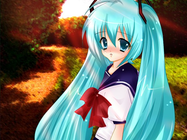 Anime picture 1024x768 with vocaloid hatsune miku rikatan blush twintails outdoors aqua eyes aqua hair girl uniform ribbon (ribbons) school uniform serafuku
