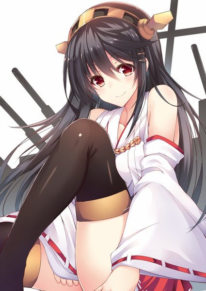 Anime picture 1074x1516 with kantai collection haruna battleship nakatama kyou single long hair tall image looking at viewer blush black hair simple background smile red eyes white background bare shoulders girl thighhighs hair ornament weapon black thighhighs detached sleeves