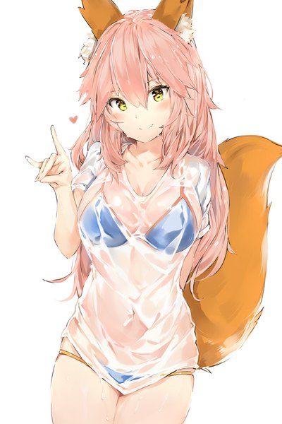 Anime picture 1200x1800 with fate (series) fate/grand order tamamo (fate) (all) tamamo no mae (swimsuit lancer) (fate) silver (chenwen) single long hair tall image looking at viewer blush fringe breasts light erotic simple background smile hair between eyes large breasts standing white background animal ears