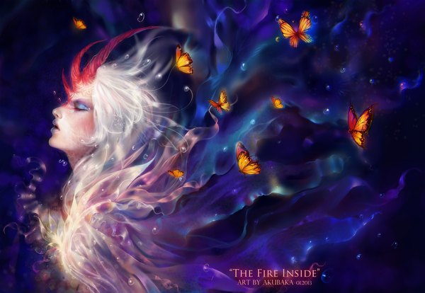 Anime picture 1779x1228 with akubaka highres short hair open mouth signed white hair eyes closed profile horn (horns) lips realistic inscription face eyeshadow insect butterfly bubble (bubbles)