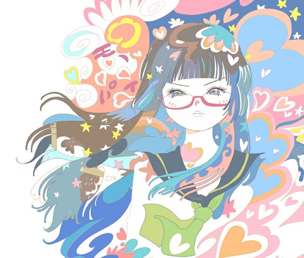 Anime picture 1000x850 with miniskirt pirates chiaki kurihara kazaana single long hair simple background brown hair white background multicolored hair multicolored eyes girl uniform school uniform glasses heart star (symbol)