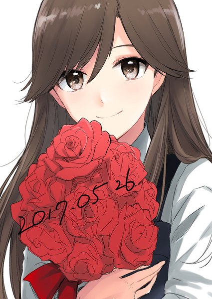 Anime picture 753x1063 with kantai collection arashio destroyer morinaga (harumori) single long hair tall image fringe simple background smile hair between eyes brown hair white background brown eyes upper body dated remodel (kantai collection) girl flower (flowers) rose (roses) bouquet