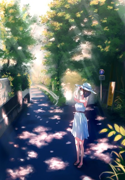 Anime picture 1269x1816 with original kami (yoshipt0716) single tall image black hair brown eyes looking away girl dress plant (plants) hat tree (trees) sundress sandals road