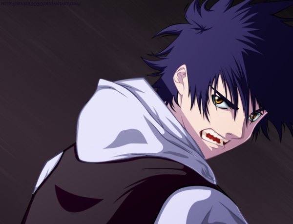 Anime picture 1436x1100 with air gear toei animation minami itsuki senshi3020 single short hair open mouth purple hair looking back orange eyes grin coloring black background portrait face angry boy