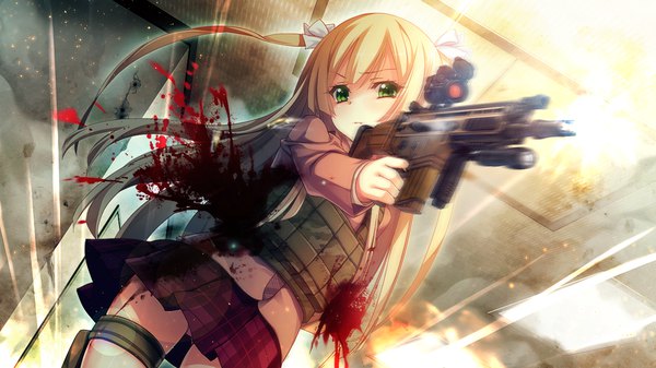 Anime picture 1280x720 with innocent bullet yasouji ai oosaki shinya single long hair light erotic blonde hair wide image holding green eyes game cg from below fighting stance injury bleeding girl skirt hair ornament underwear panties