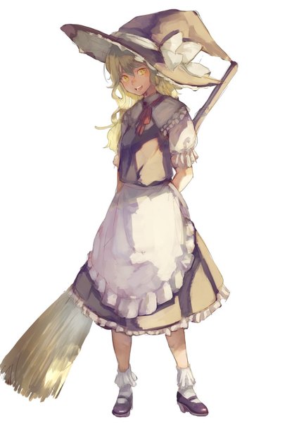 Anime picture 800x1130 with touhou kirisame marisa kagari (kgr 000) long hair tall image looking at viewer blush open mouth simple background blonde hair smile standing white background holding yellow eyes full body :d realistic teeth shadow