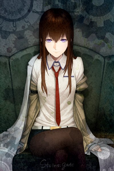 Anime picture 1000x1500 with steins;gate white fox makise kurisu chimachi single long hair tall image smile brown hair purple eyes girl pantyhose necktie shorts couch