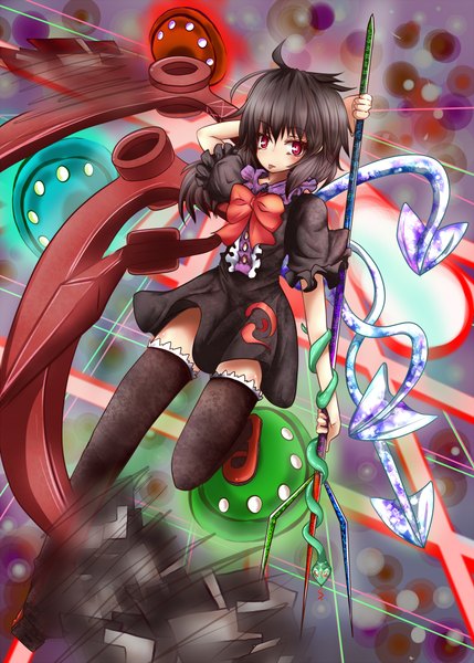 Anime picture 1500x2098 with touhou houjuu nue haru ion single tall image black hair red eyes girl thighhighs bow weapon black thighhighs animal wings snake directional arrow