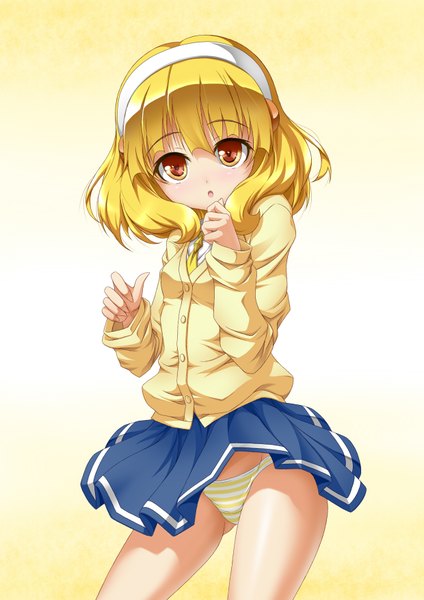Anime picture 1240x1754 with precure smile precure! toei animation kise yayoi roura single tall image looking at viewer short hair light erotic blonde hair yellow eyes girl skirt uniform underwear panties school uniform miniskirt hairband