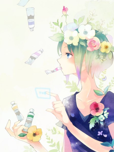 Anime picture 750x1000 with original yuukichi single tall image short hair blue eyes holding profile green hair mouth hold girl flower (flowers) petals rose (roses) paint paint tube