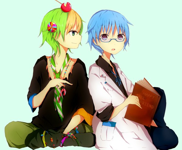 Anime picture 1396x1148 with happy tree friends nutty sniffles (htf) teigakukyuufukinn blue eyes simple background white background green eyes profile multicolored hair green hair personification boy hair ornament glasses necktie book (books) pants candy lollipop