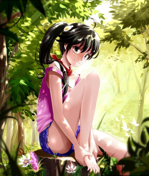 Anime picture 900x1065 with bakemonogatari shaft (studio) monogatari (series) araragi karen yunsang single long hair tall image looking at viewer black hair smile sitting yellow eyes ponytail barefoot bare legs side ponytail girl flower (flowers) plant (plants)